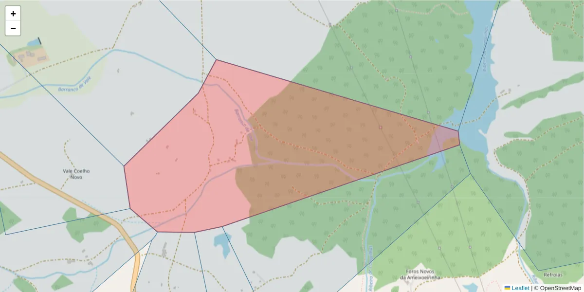 Mapa detalhado do código postal 7555-020 com limites, códigos postais vizinhos e agências dos correios