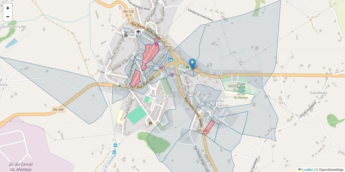 Mapa detalhado do código postal 7555-101 com limites, códigos postais vizinhos e agências dos correios