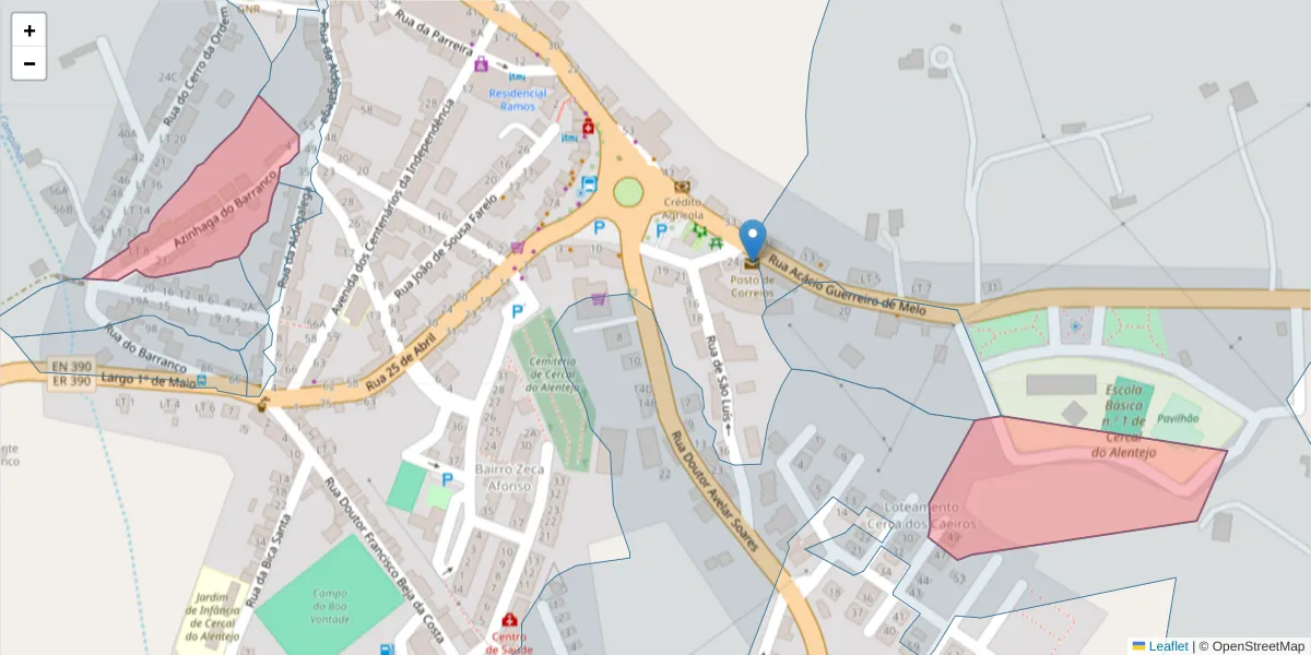 Mapa detalhado do código postal 7555-103 com limites, códigos postais vizinhos e agências dos correios