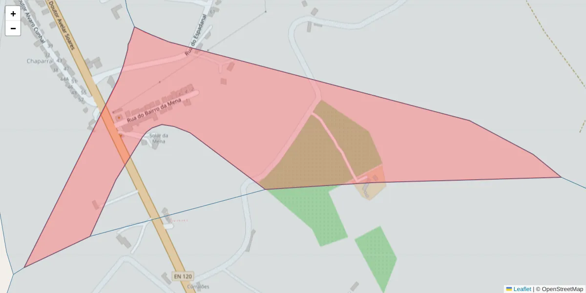 Mapa detalhado do código postal 7555-104 com limites, códigos postais vizinhos e agências dos correios