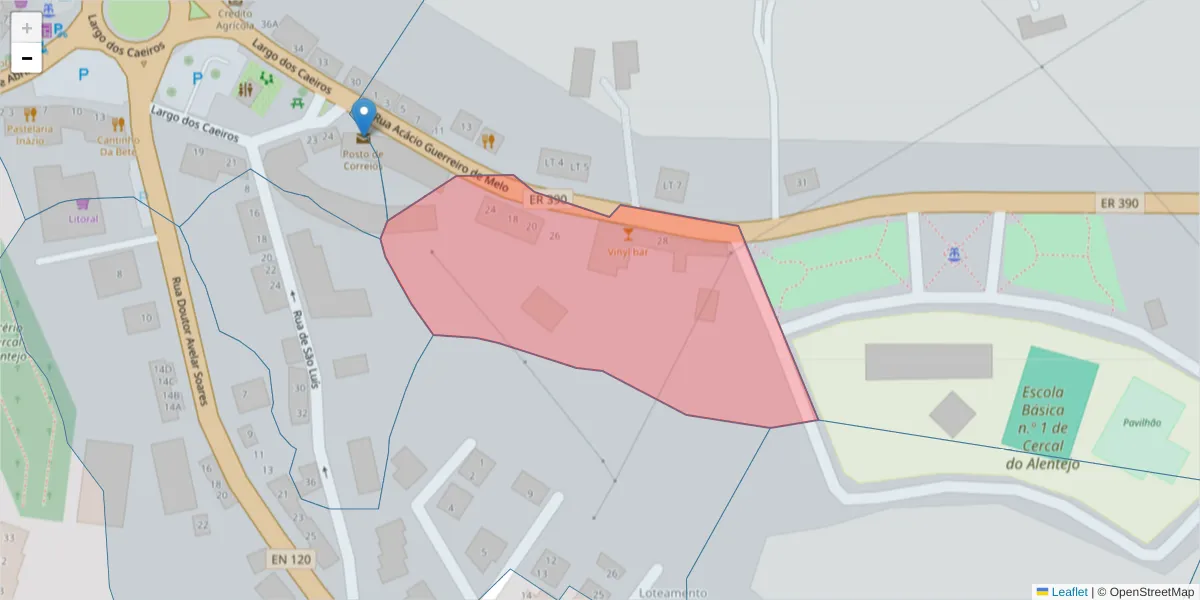 Mapa detalhado do código postal 7555-108 com limites, códigos postais vizinhos e agências dos correios