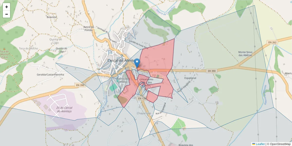 Mapa detalhado do código postal 7555-109 com limites, códigos postais vizinhos e agências dos correios