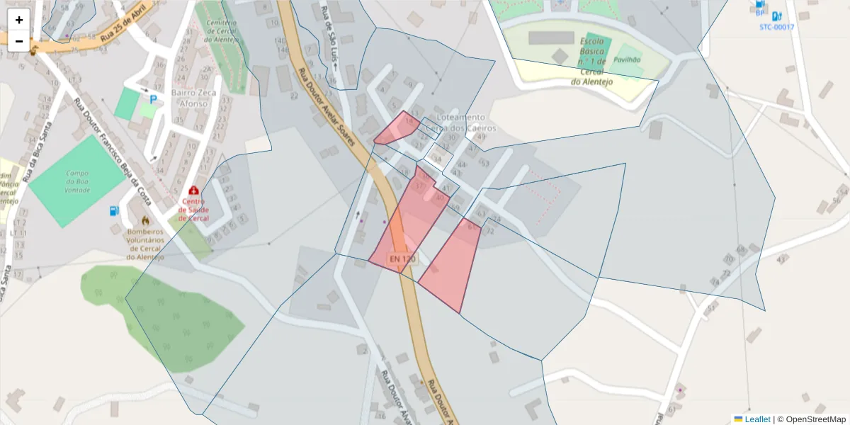 Mapa detalhado do código postal 7555-110 com limites, códigos postais vizinhos e agências dos correios