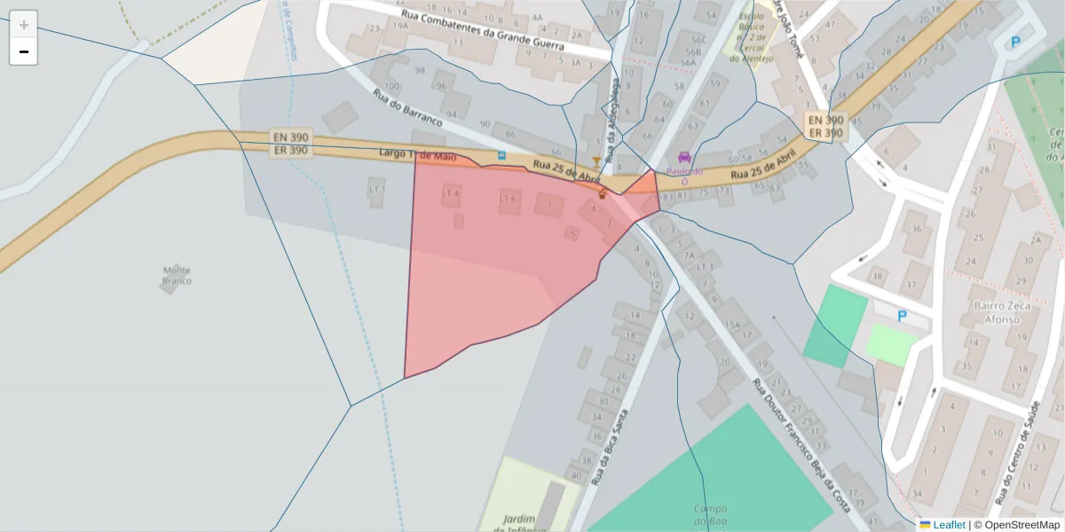 Mapa detalhado do código postal 7555-111 com limites, códigos postais vizinhos e agências dos correios