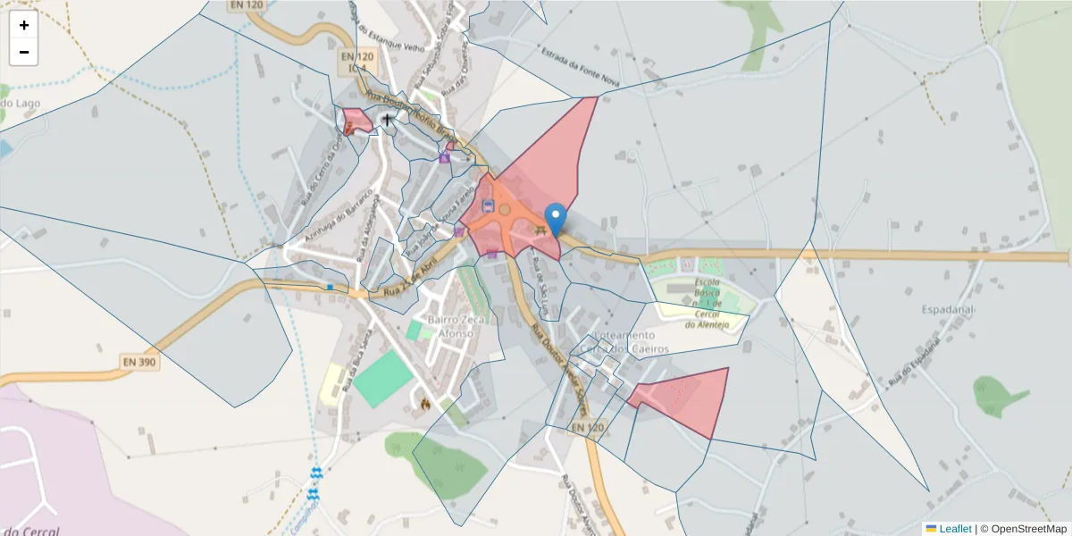 Mapa detalhado do código postal 7555-115 com limites, códigos postais vizinhos e agências dos correios