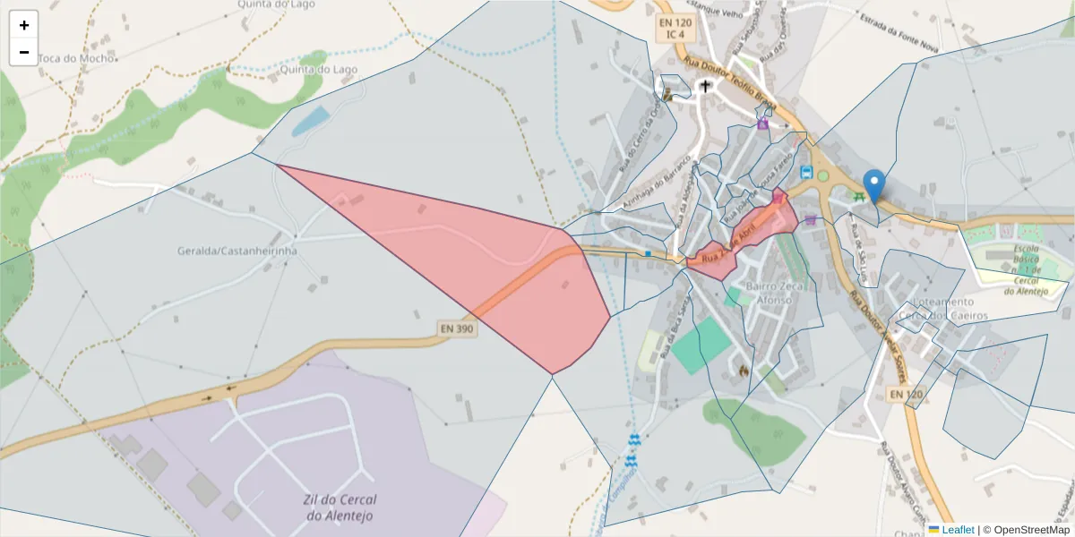 Mapa detalhado do código postal 7555-116 com limites, códigos postais vizinhos e agências dos correios