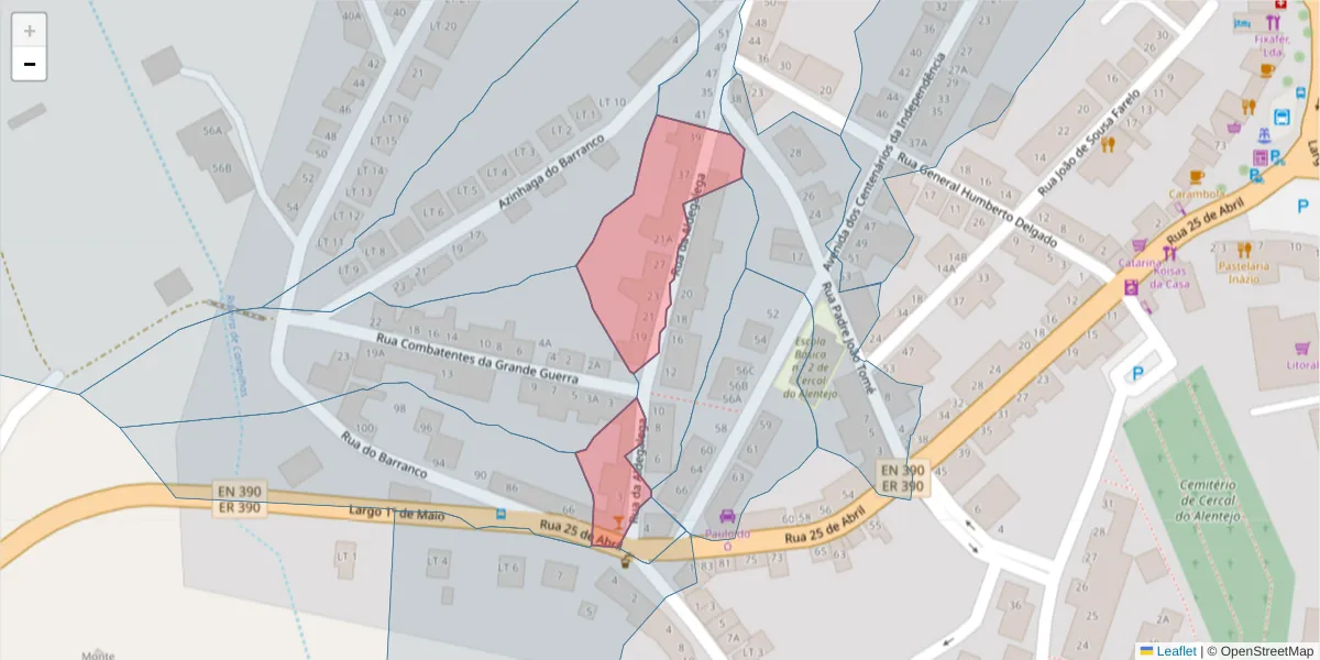 Mapa detalhado do código postal 7555-121 com limites, códigos postais vizinhos e agências dos correios
