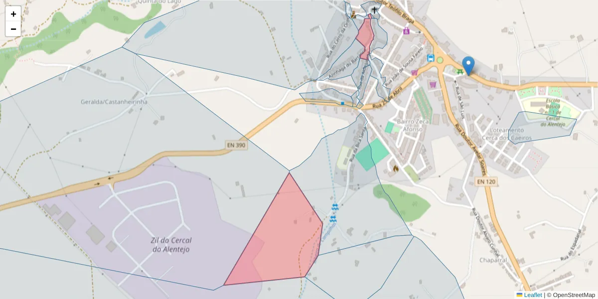 Mapa detalhado do código postal 7555-123 com limites, códigos postais vizinhos e agências dos correios