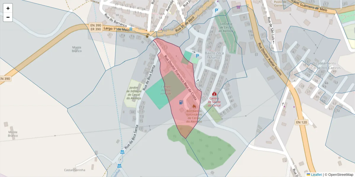 Mapa detalhado do código postal 7555-136 com limites, códigos postais vizinhos e agências dos correios