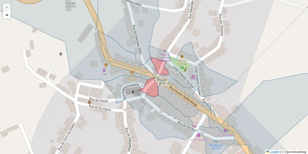 Mapa detalhado do código postal 7555-142 com limites, códigos postais vizinhos e agências dos correios