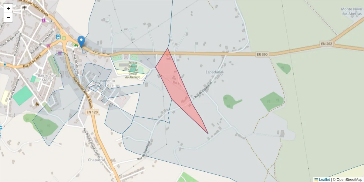 Mapa detalhado do código postal 7555-149 com limites, códigos postais vizinhos e agências dos correios