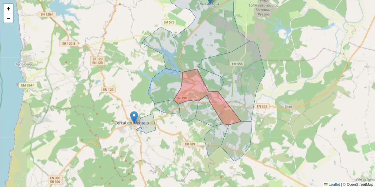 Mapa detalhado do código postal 7555-203 com limites, códigos postais vizinhos e agências dos correios