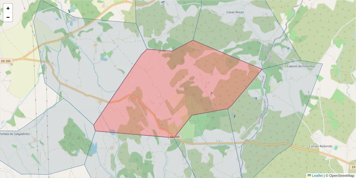 Mapa detalhado do código postal 7555-217 com limites, códigos postais vizinhos e agências dos correios