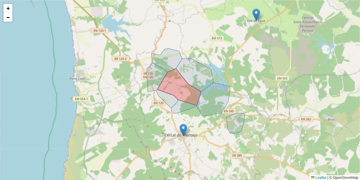 Mapa detalhado do código postal 7555-222 com limites, códigos postais vizinhos e agências dos correios