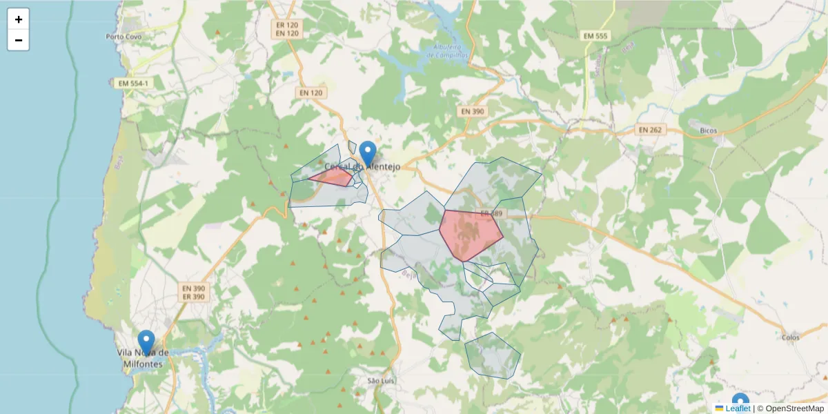 Mapa detalhado do código postal 7555-236 com limites, códigos postais vizinhos e agências dos correios