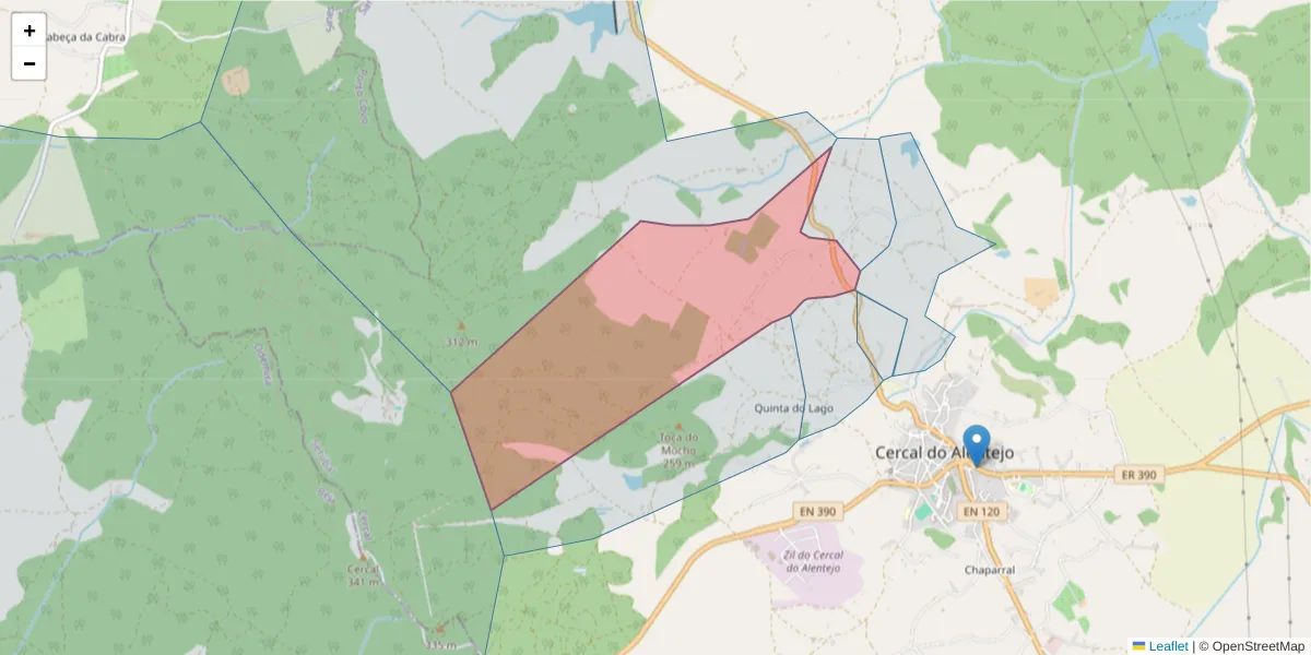 Mapa detalhado do código postal 7555-254 com limites, códigos postais vizinhos e agências dos correios