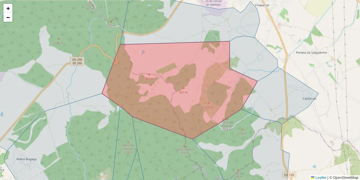 Mapa detalhado do código postal 7555-255 com limites, códigos postais vizinhos e agências dos correios
