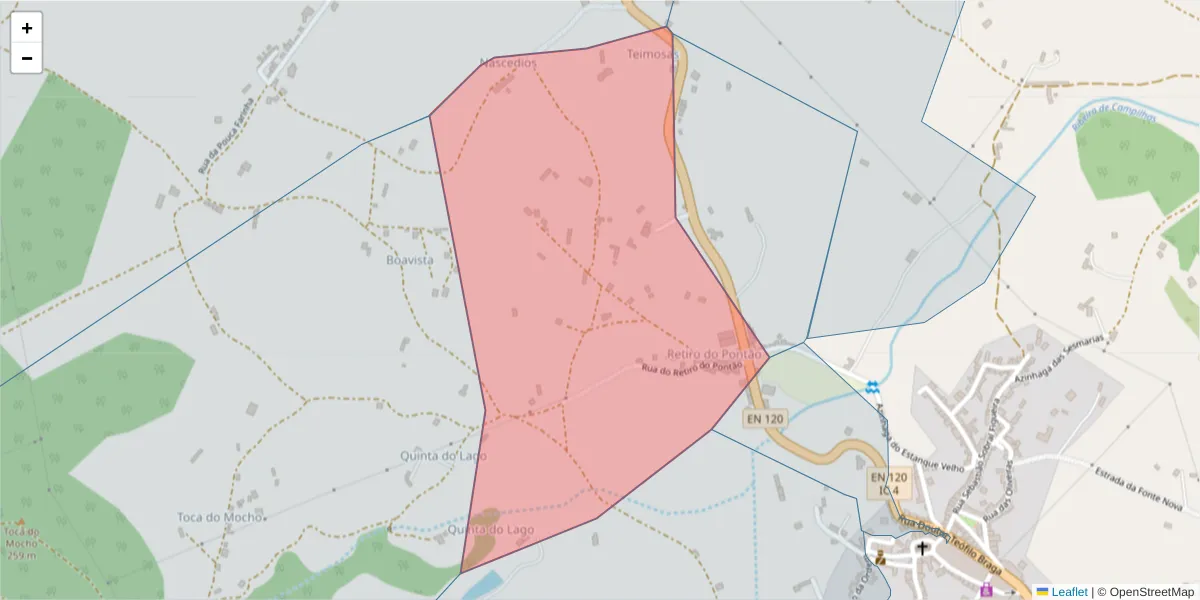 Mapa detalhado do código postal 7555-259 com limites, códigos postais vizinhos e agências dos correios