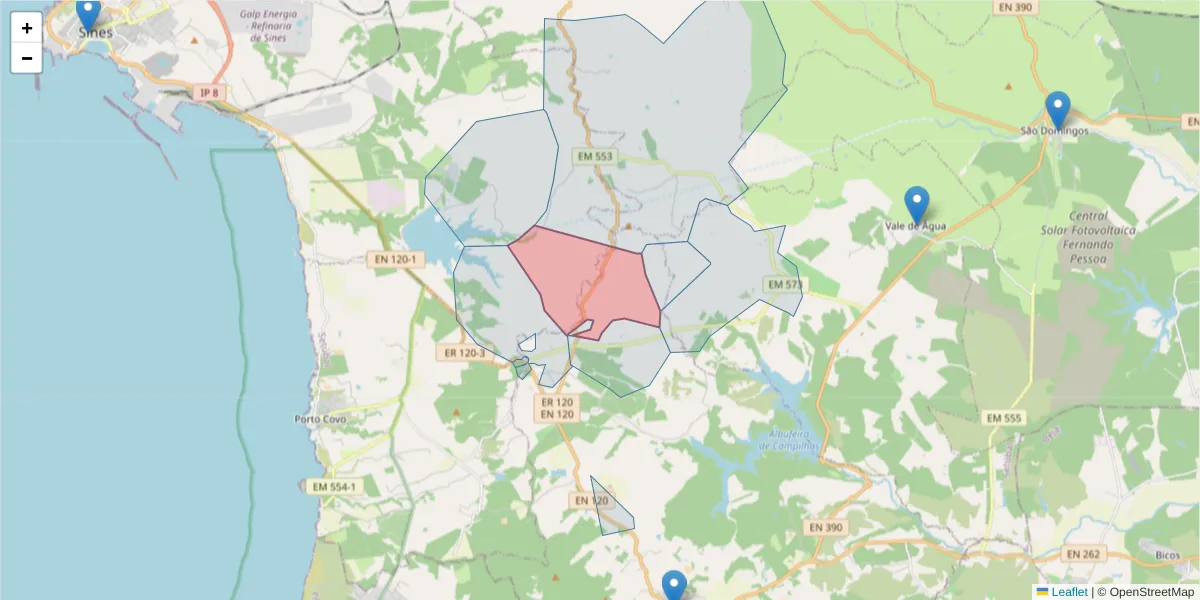 Mapa detalhado do código postal 7555-270 com limites, códigos postais vizinhos e agências dos correios