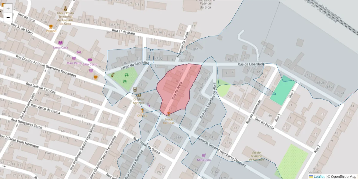 Mapa detalhado do código postal 7565-044 com limites, códigos postais vizinhos e agências dos correios