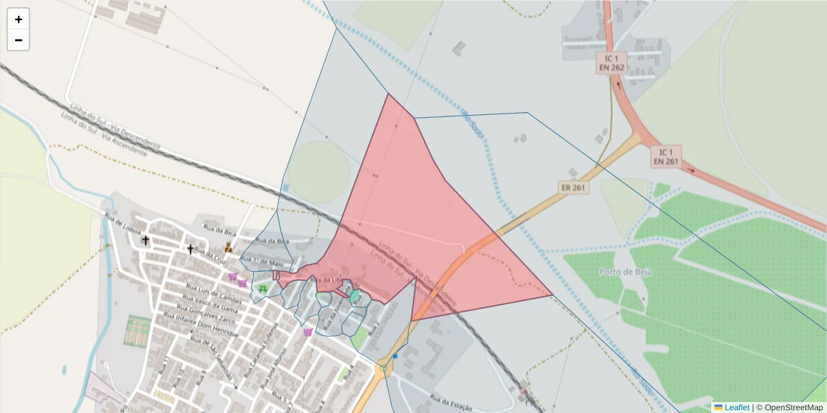 Mapa detalhado do código postal 7565-050 com limites, códigos postais vizinhos e agências dos correios