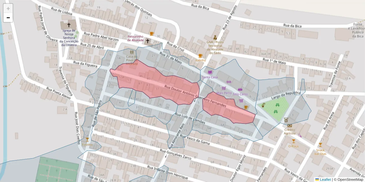 Mapa detalhado do código postal 7565-057 com limites, códigos postais vizinhos e agências dos correios