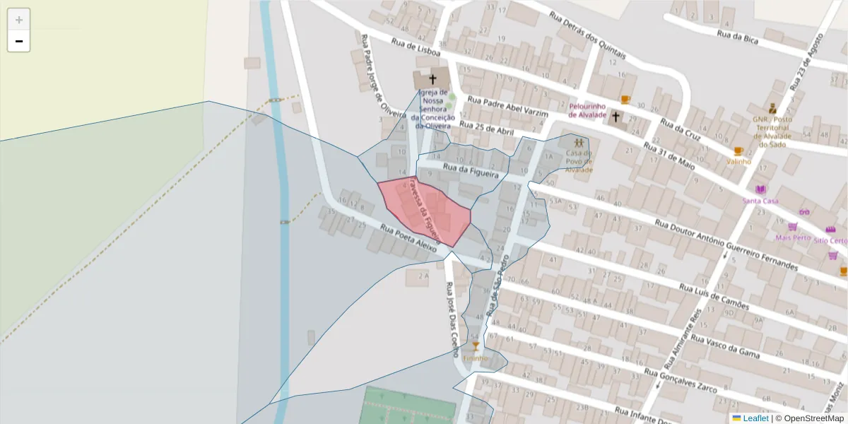 Mapa detalhado do código postal 7565-073 com limites, códigos postais vizinhos e agências dos correios