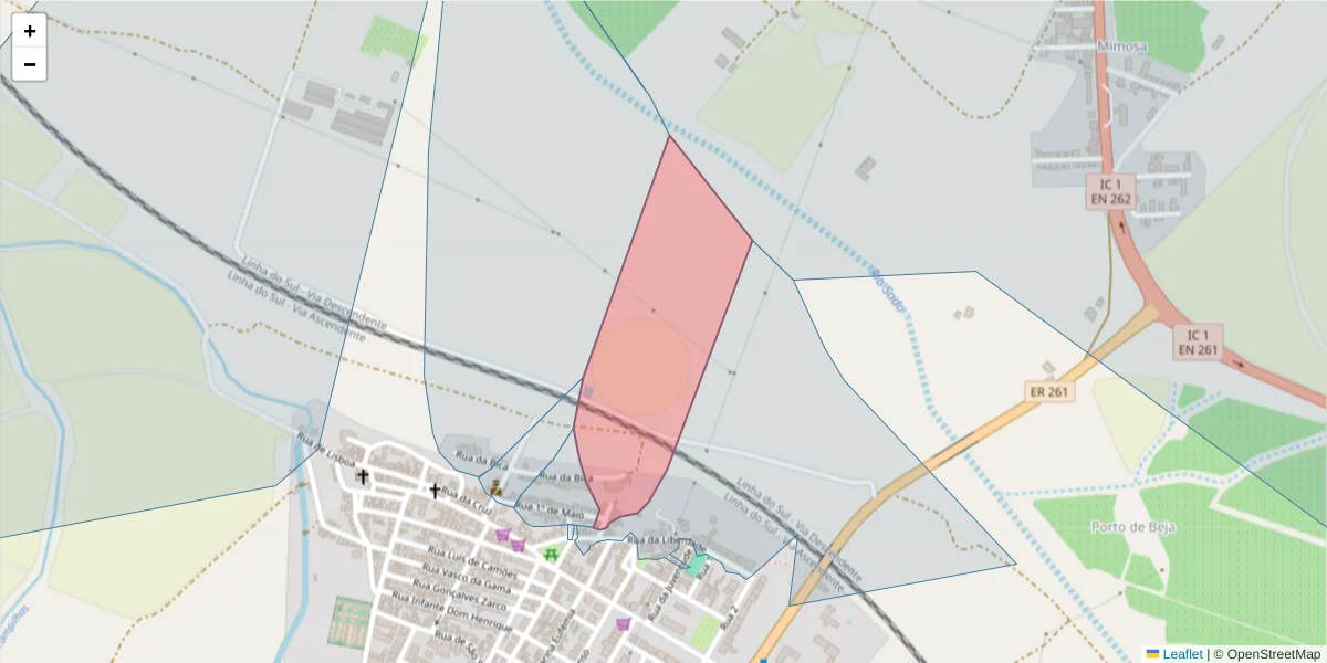 Mapa detalhado do código postal 7565-074 com limites, códigos postais vizinhos e agências dos correios