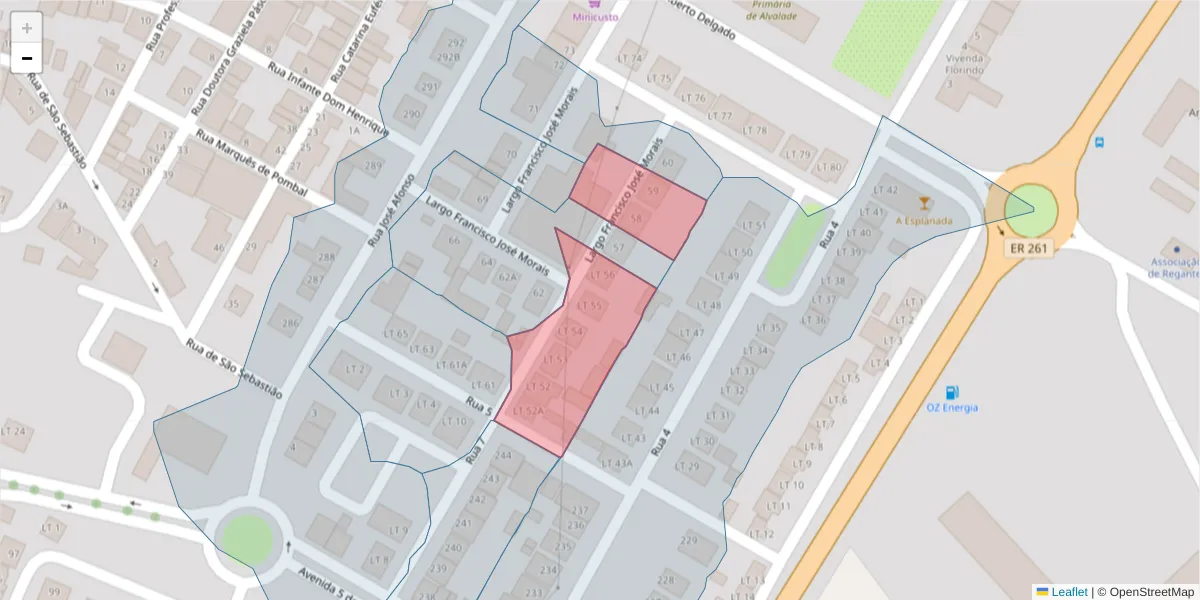 Mapa detalhado do código postal 7565-079 com limites, códigos postais vizinhos e agências dos correios