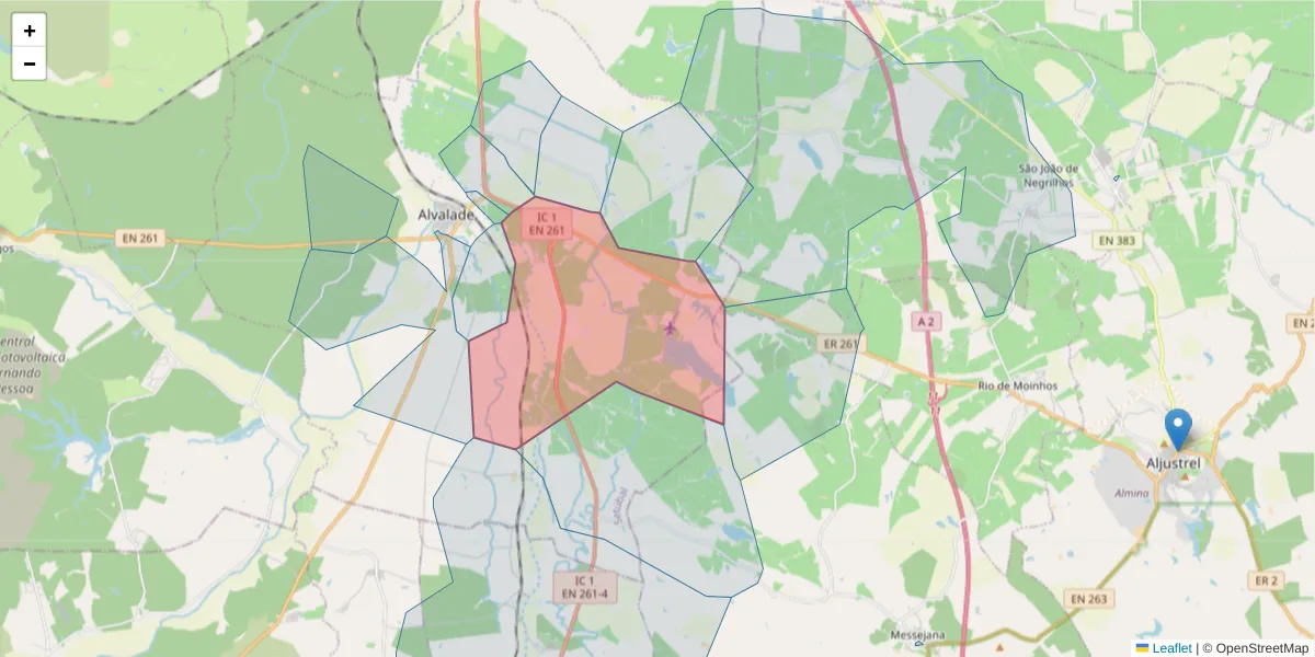 Mapa detalhado do código postal 7565-100 com limites, códigos postais vizinhos e agências dos correios