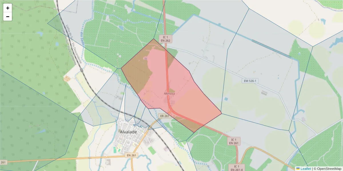 Mapa detalhado do código postal 7565-101 com limites, códigos postais vizinhos e agências dos correios