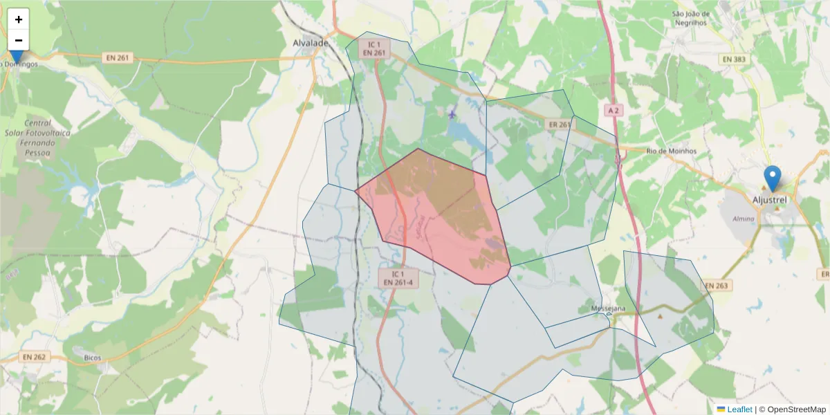 Mapa detalhado do código postal 7565-103 com limites, códigos postais vizinhos e agências dos correios