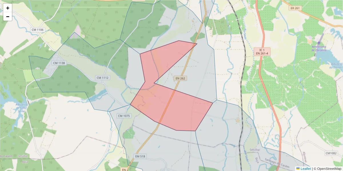 Mapa detalhado do código postal 7565-104 com limites, códigos postais vizinhos e agências dos correios