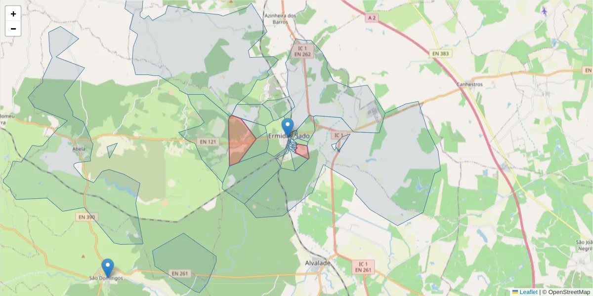 Mapa detalhado do código postal 7565-224 com limites, códigos postais vizinhos e agências dos correios