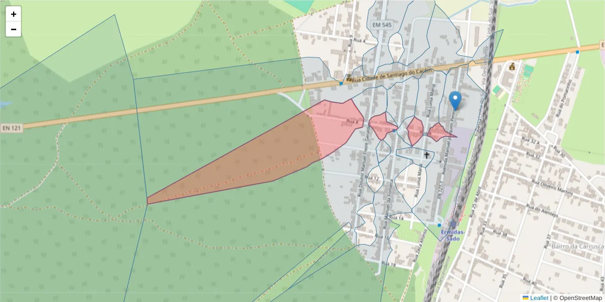 Mapa detalhado do código postal 7565-228 com limites, códigos postais vizinhos e agências dos correios