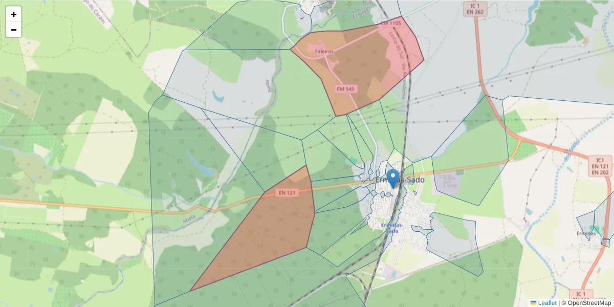 Mapa detalhado do código postal 7565-250 com limites, códigos postais vizinhos e agências dos correios