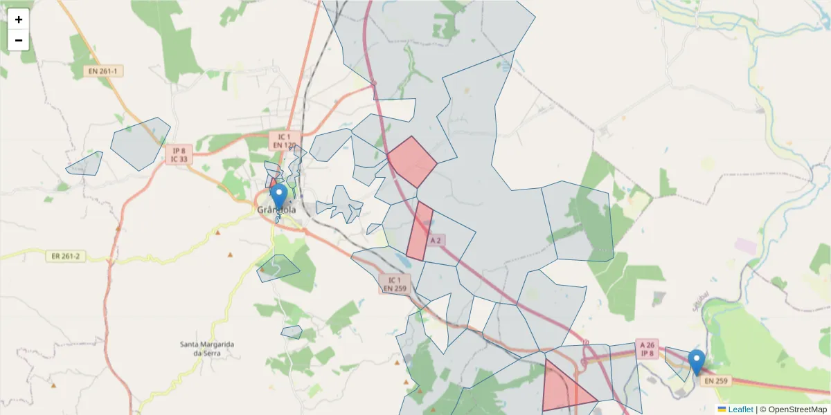 Mapa detalhado do código postal 7570-000 com limites, códigos postais vizinhos e agências dos correios