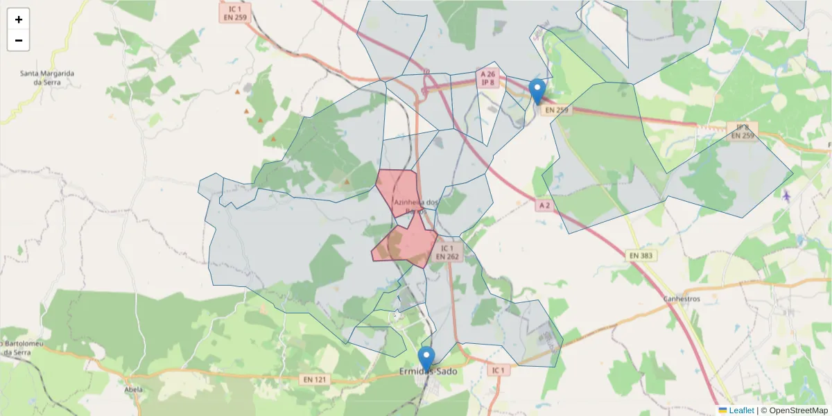Mapa detalhado do código postal 7570-003 com limites, códigos postais vizinhos e agências dos correios