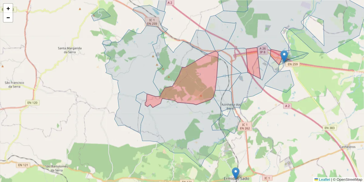Mapa detalhado do código postal 7570-005 com limites, códigos postais vizinhos e agências dos correios