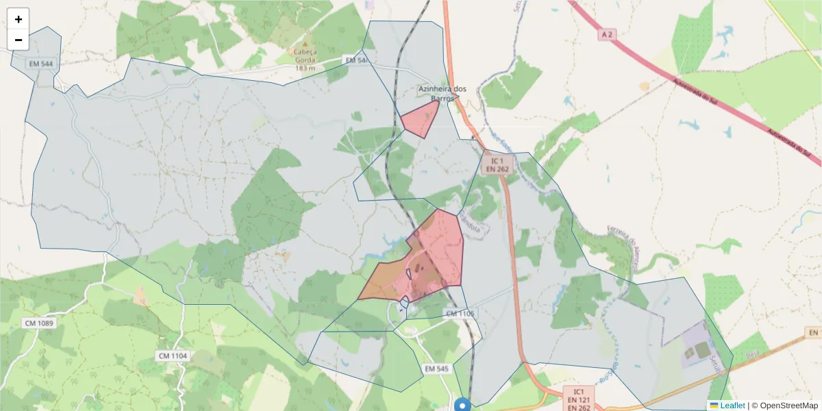 Mapa detalhado do código postal 7570-006 com limites, códigos postais vizinhos e agências dos correios