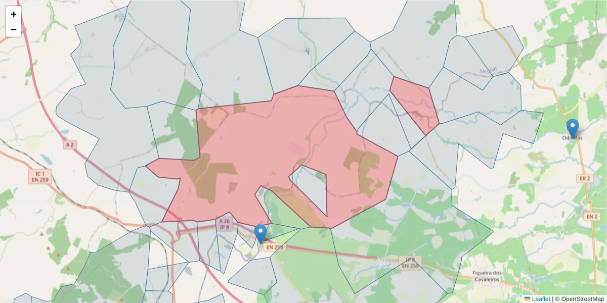 Mapa detalhado do código postal 7570-018 com limites, códigos postais vizinhos e agências dos correios