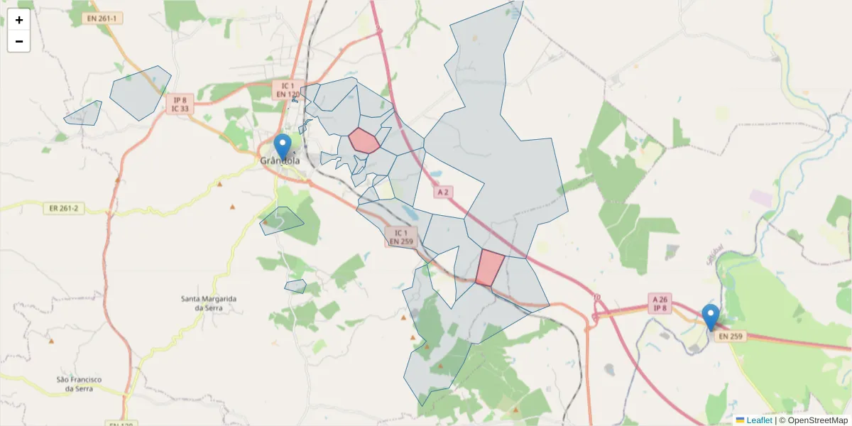Mapa detalhado do código postal 7570-121 com limites, códigos postais vizinhos e agências dos correios
