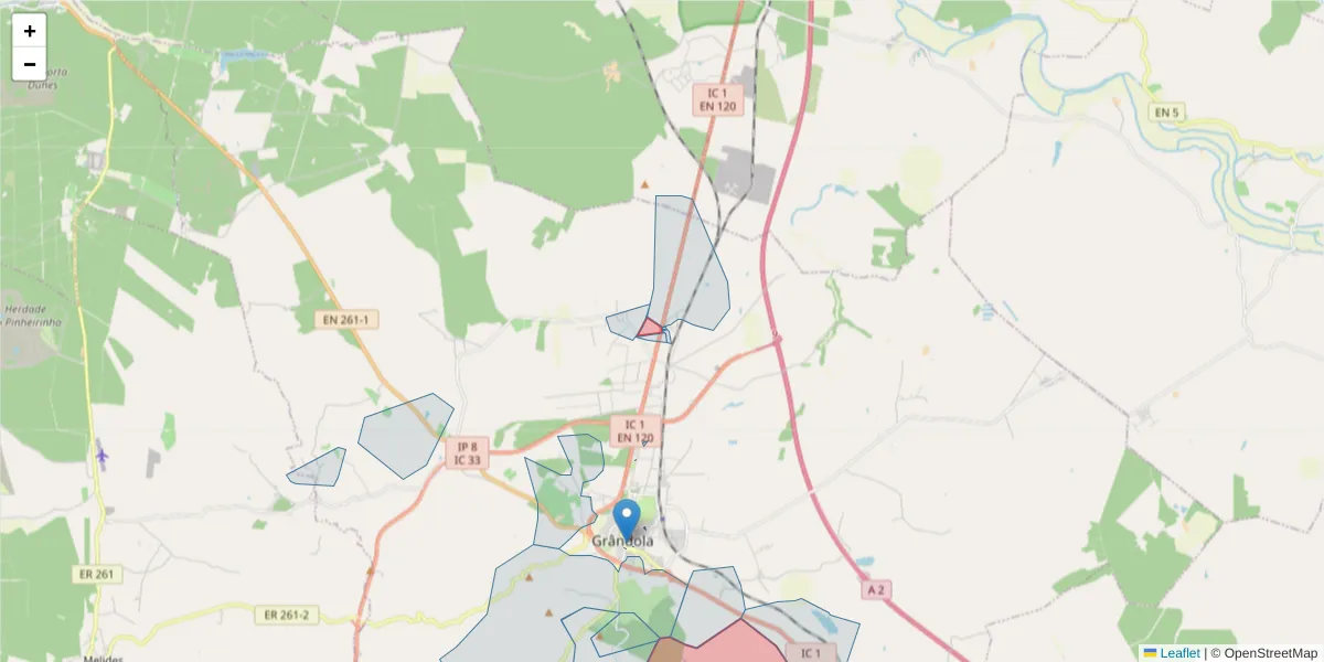 Mapa detalhado do código postal 7570-122 com limites, códigos postais vizinhos e agências dos correios