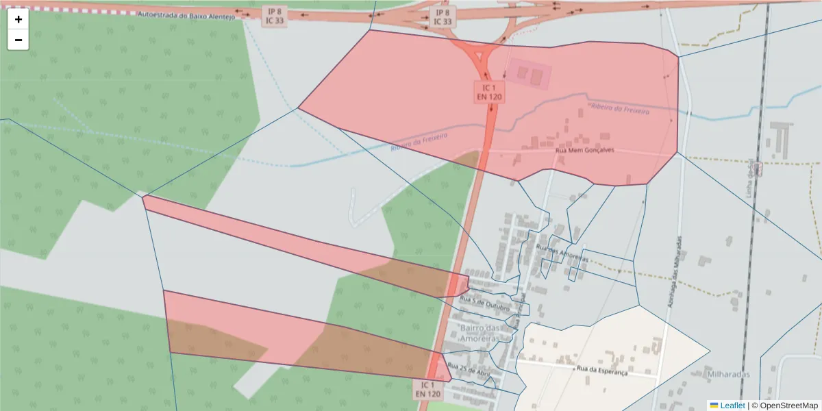 Mapa detalhado do código postal 7570-126 com limites, códigos postais vizinhos e agências dos correios
