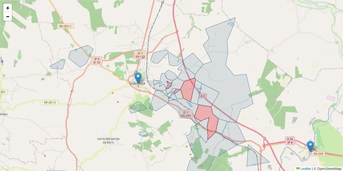 Mapa detalhado do código postal 7570-127 com limites, códigos postais vizinhos e agências dos correios