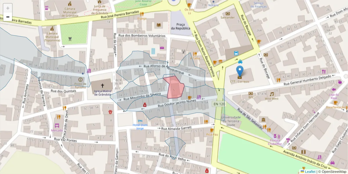 Mapa detalhado do código postal 7570-131 com limites, códigos postais vizinhos e agências dos correios