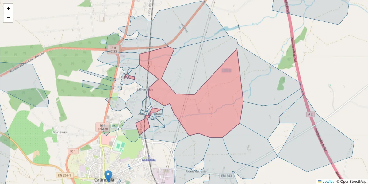Mapa detalhado do código postal 7570-165 com limites, códigos postais vizinhos e agências dos correios