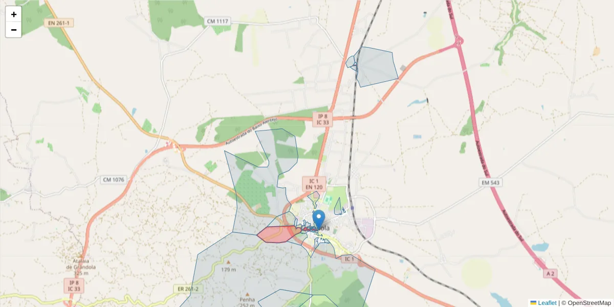 Mapa detalhado do código postal 7570-174 com limites, códigos postais vizinhos e agências dos correios
