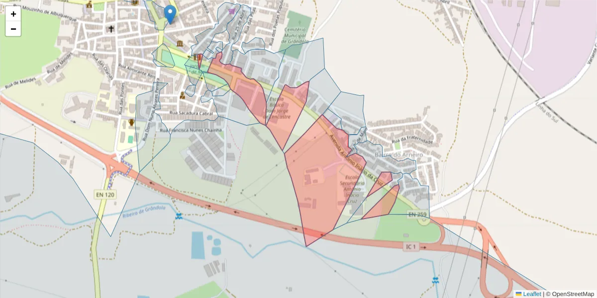 Mapa detalhado do código postal 7570-185 com limites, códigos postais vizinhos e agências dos correios