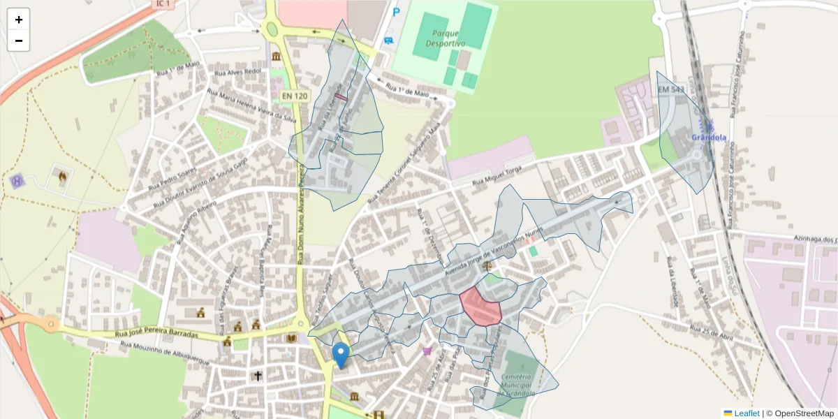 Mapa detalhado do código postal 7570-190 com limites, códigos postais vizinhos e agências dos correios